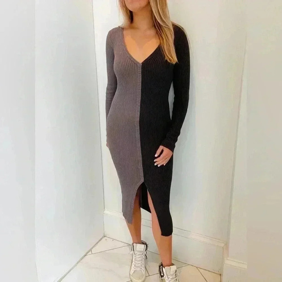 Monrow V-Neck Colorblock Ribbed Midi Dress Size Small - Picture 10 of 10